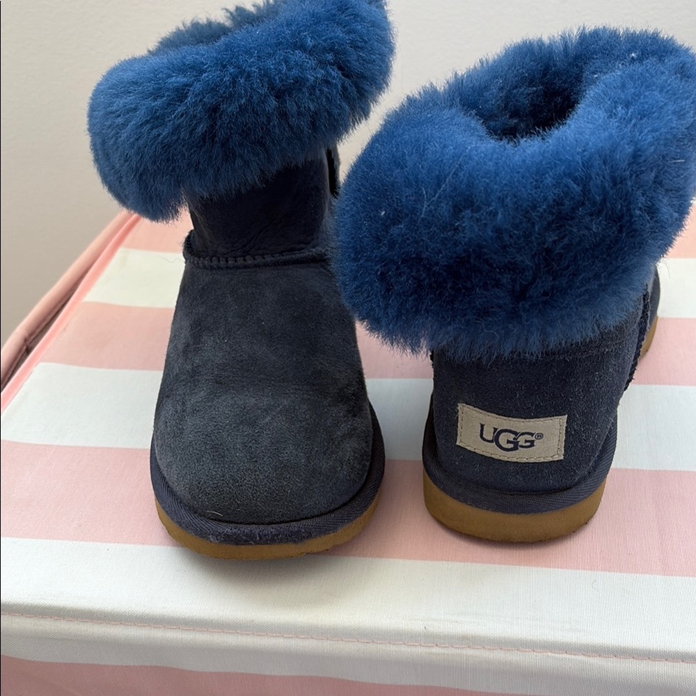 UGG Blue Suede Ankle Boots with Fluffy Fur Trim